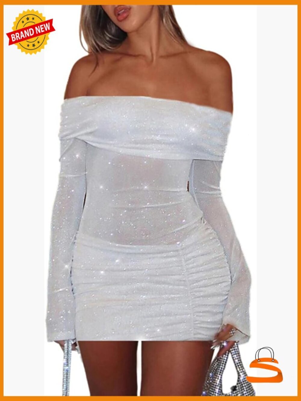 Sexy Off Shoulder Bodycon Mini Dress Mesh Sheer Ruched Sparkly Long Sleeve Y2K
